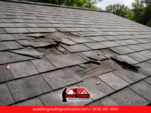 Storm-damaged asphalt shingle roof with torn and lifted shingles exposing underlayment during heavy rain in Peachtree City